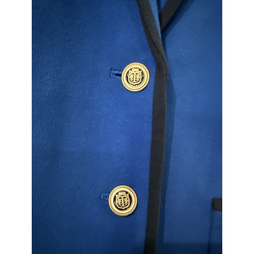 Talbots Aberdeen Royal Blue Knit Blazer Gold Crest Buttons Navy Trim Womens 10 - Picture 3 of 9